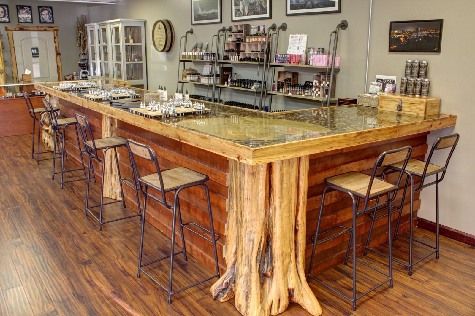 The live-edge tree bar and stools in the Bearden Hill shop